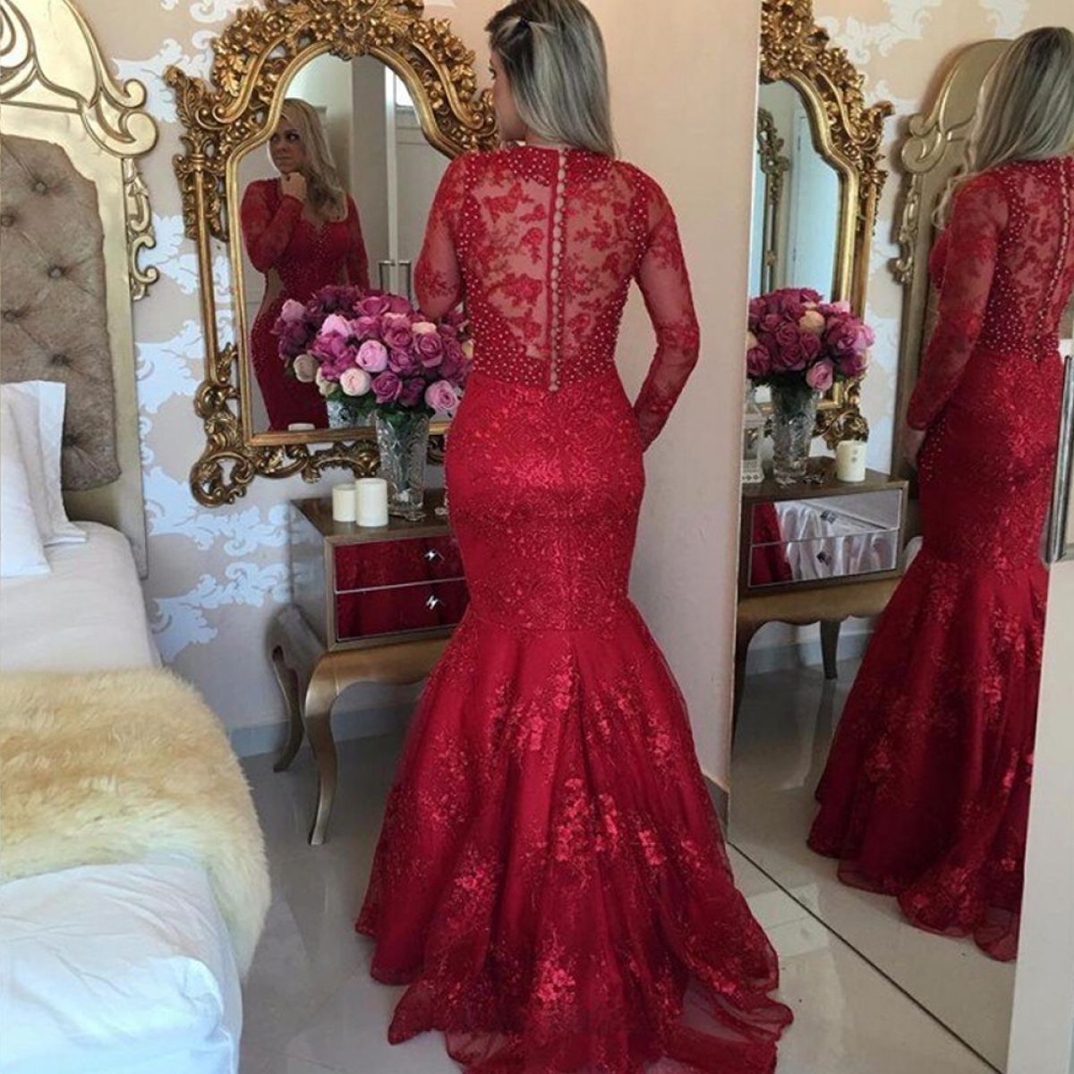 buttons back red lace mermaid prom dress